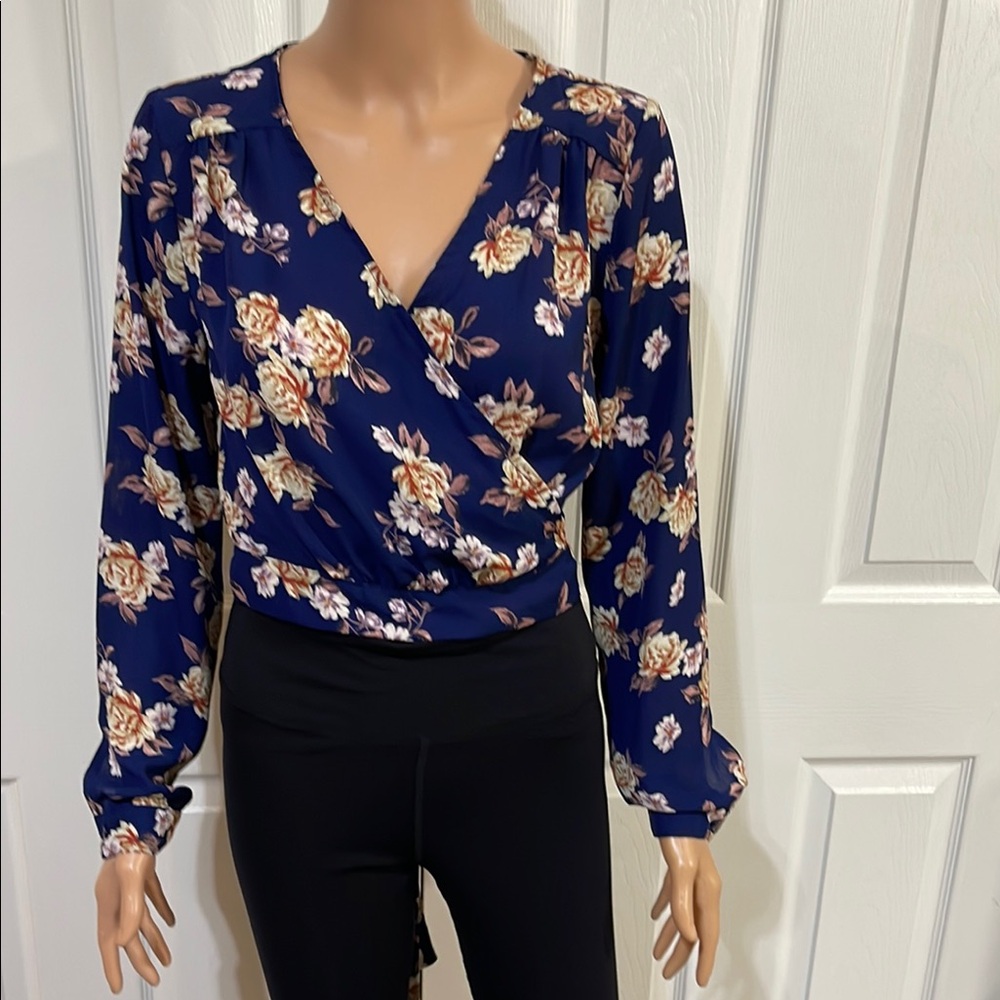 Active USA Long Sleeve Wrap Blouse in Blue and Pink